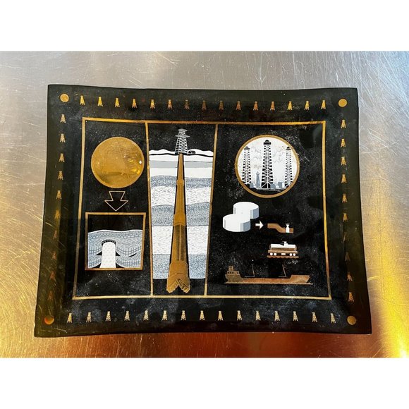 Vintage 1950s MCM Oil Drill Rig souvenir black gold glass tray South Bend In